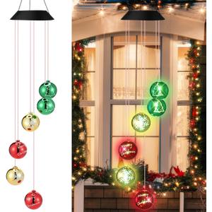 Christmas Solar Wind Chimes 28 Inch Color Changing LED Solar Wind Chimes Unique Outdoor Garden Yard Hanging Decoration for Xmas New Year Ornament Mom Gift (Christmas Ball)