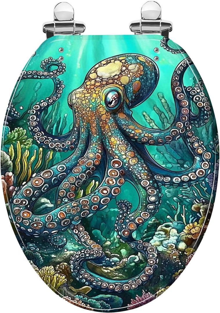 Elongated Toilet Seat Teal Blue Ocean Octopus Coral Reefs Art Resin Toilet Seat Easy to Install Quietly Close Quick Release Hinges Decorative Toilet Seat with Cover (pattern1)