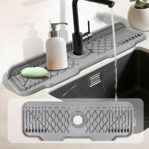 17 Inch Faucet Mat For Kitchen Sink Splash Guard Behind Faucet, 5Slope Fast Draining Silicone Mat , Dish Soap Sponge Holder for Bathroom Sink kitchen sink organizer (Grey, 17" x 6") (Gray)