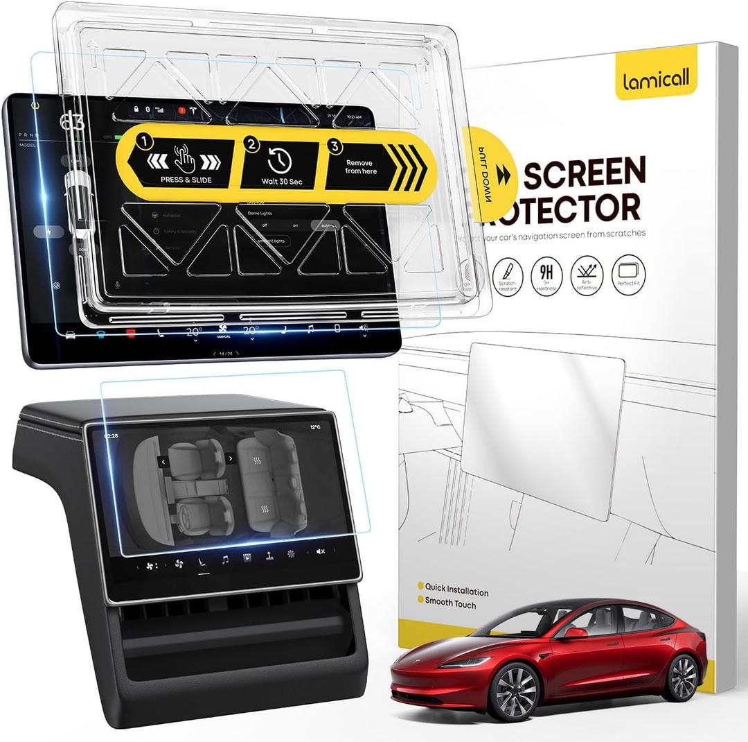 Lamicall 15.4'' Tesla Model Y Juniper 2025 & Model 3 (2024-2026) Screen Protector - [Anti Scratch & Fingerprint] 2 Pack Front & Backseat, Glossy Tempered Glass Screen Protector for Tesla Model Y Juniper / Model 3