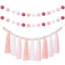 3PCS/Set Boho Tassel Garland,BetterJonny Boho Tassel Garland Wall Hanging Decor Pastel Banner with Wood Beads and 2Pcs Pom Pom Felt Ball for Home and Outdoor Decor