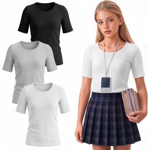 3 Pack Girls Ribbed T-Shirts | Short Sleeve, Crewneck, Slim Fit, Stretchy, Soft, Athletic, Basic Tees, Summer, Kids 5-14 Years