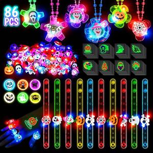 86 PCS Halloween Party Favors for Kids, Glow in the Dark Halloween Toys Bulk Rotating Spin Light Up Necklaces LED Rings Bracelets Bouncing Ball Temporary Tattoos for Halloween Goodie Bag Stuffers