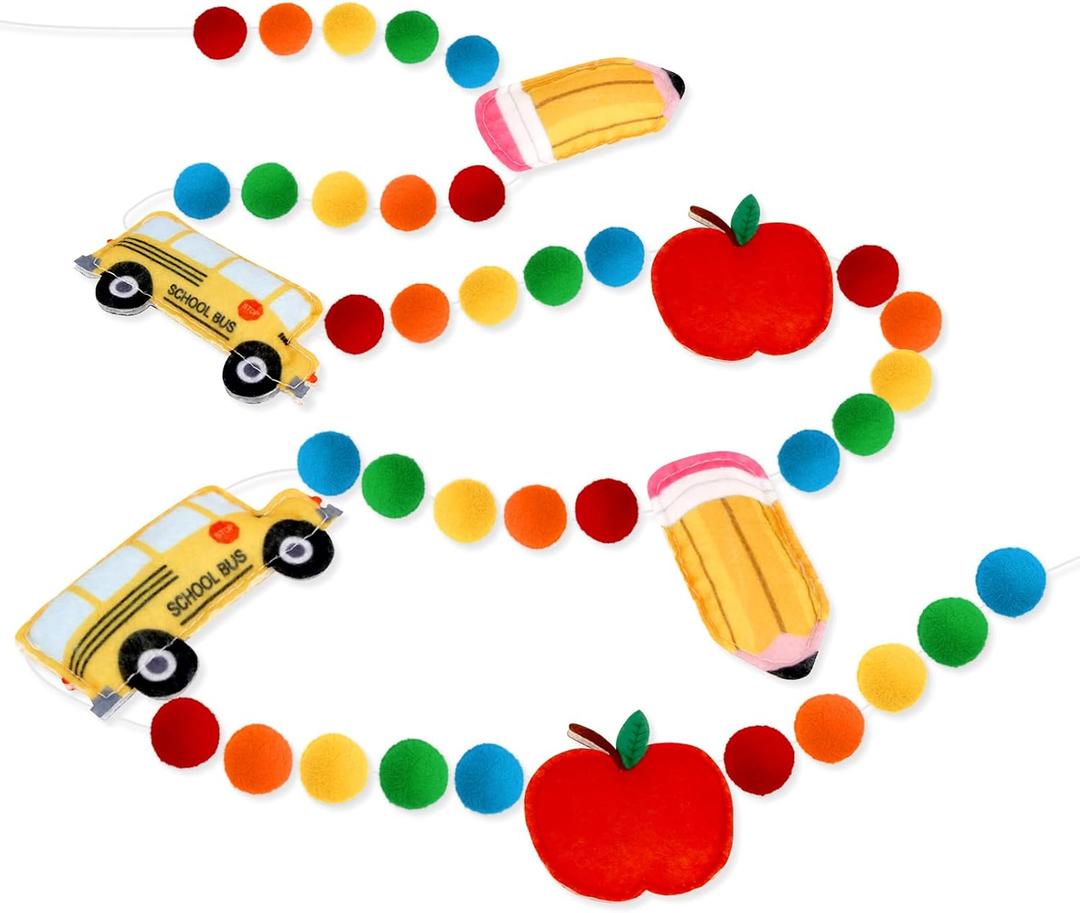 Back to School Decorations 7.5 Ft Felt Pompom Banner Pencil Apples School Bus Felt Ball Pre-Assembled Hanging Banner Welcome Back to School Garland for Classroom, Mantle, Wall, Party Supplies