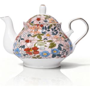 33.8 oz Porcelain Tea Pot Luxury Gold Trim Floral Ceramic Teapot Waterpot Tea Maker for Blooming Loose Leaf Tea Coffee Milk Christmas Women Gift Housewarming Home Kitchen Décor (Vintage Pink)