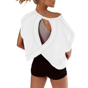 Open Back Tops for Women Oversized Short Sleeve Workout T Shirts Backless Y2k Athletic Crop Running Tees (Medium)