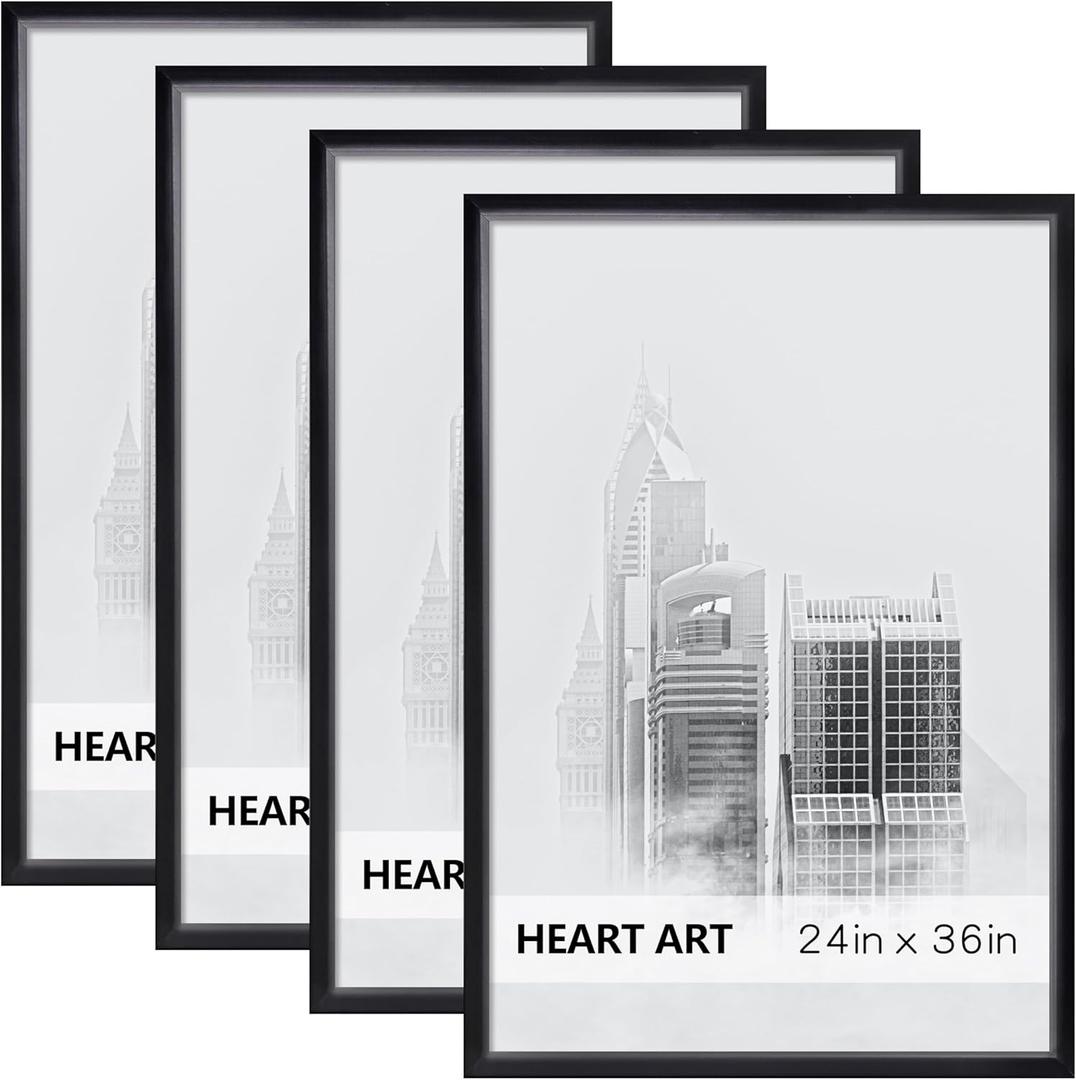 HEART ART 24 x 36 Poster Frame 4 Pack,24x36 Frame without Mat for Horizontal or Vertical Wall Mounting,Black