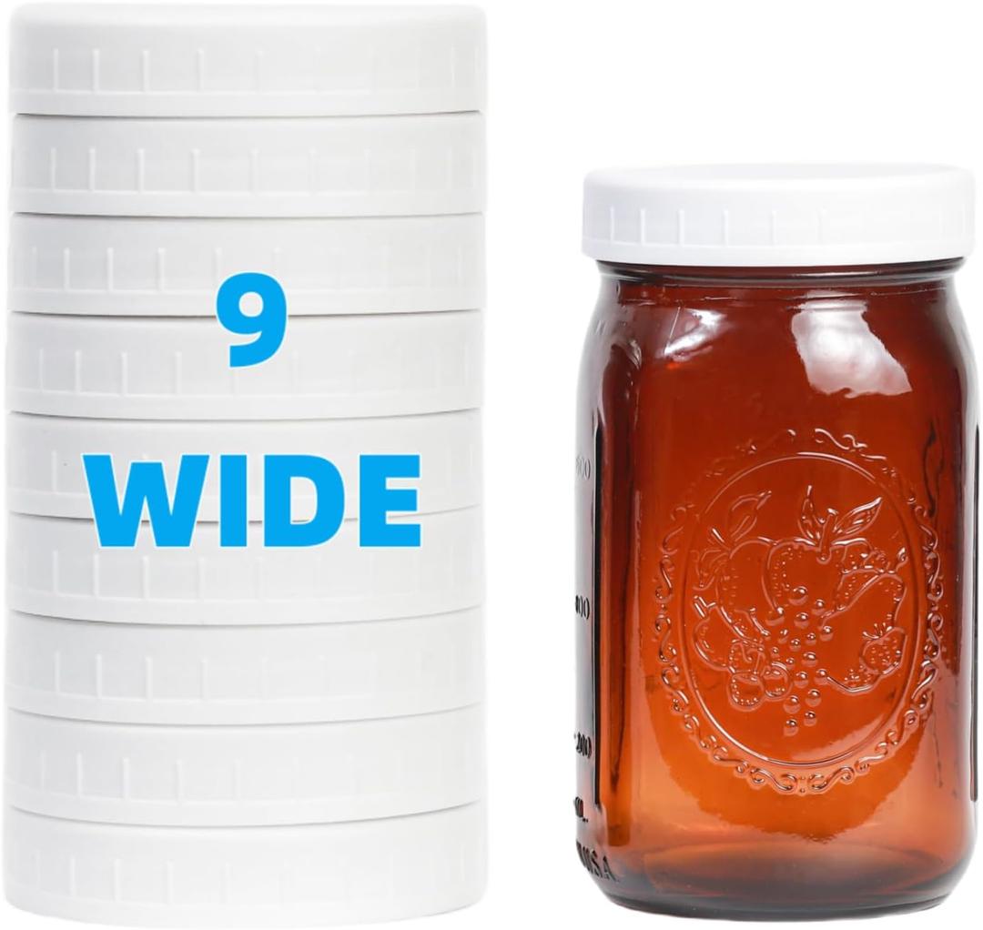 9 Pack Upgraded White Wide Mouth Mason Jar Lids with Silicone Rings, for Ball, Kerr and More,86mm White Plastic Storage Caps for Mason/Canning Jars - Leak-Proof, Dishwasher Safe & Food Grade