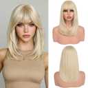Haloo Blonde Bob Wigs with Bangs Shoulder Length Straight Natural Looking Synthetic Heat Resistant Medium Hair Wigs for Women Daily Party, 16 Inch Platinum Blonde
