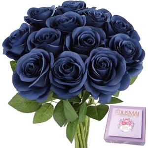 12pcs Roses Artificial Flowers Navy Blue Fake Roses Flowers with Long Stems Silk Flowers for Wedding Bouquet Centerpices Decorations Party Bridal Baby Shower Home Decor (12PCS, Navy Blue)