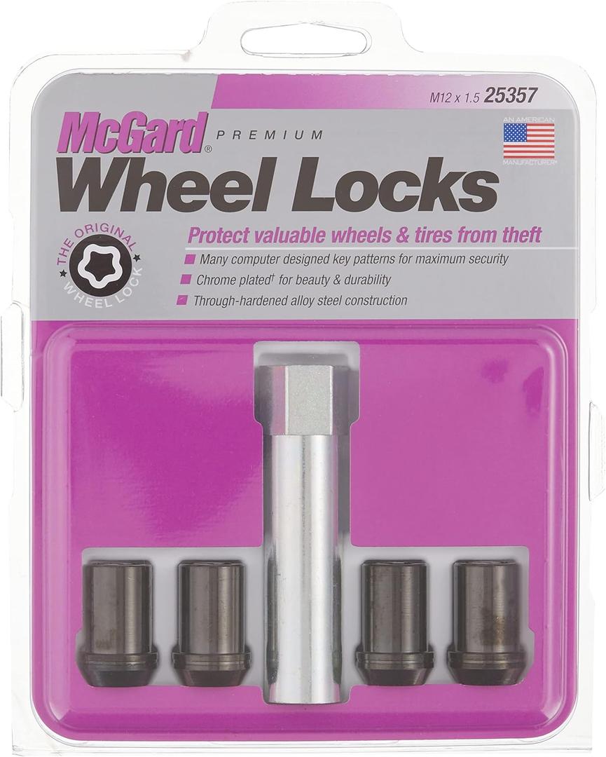 McGard 25357 Tuner Style Cone Seat Wheel Locks Black (M12 x 1.5 Thread Size) - Set of 4, 4 Locks / 1 Key