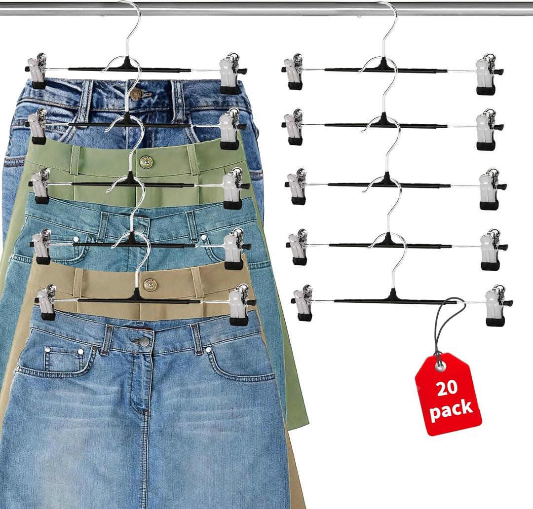 Pants Hangers with Clips Adjustable Heavy Duty Non-Slip Skirt Hangers, Space Saving Clips for Trousers, Jeans, Shorts & Kids Clothes (20 Pack, Black)