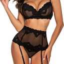 ADOME Lingerie Set for Women Sexy Lace Lingerie Underwire Push Up Bra Garter Set Lingerie Bra and Panty Set (No Stockings)  L