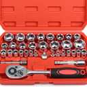 Egofine 34 Pieces 3/8 inch Drive Socket Ratchet Wrench Set, with Socket Set Metric/SAE and Extension Bar for Auto Repairing and Household, with Storage Case