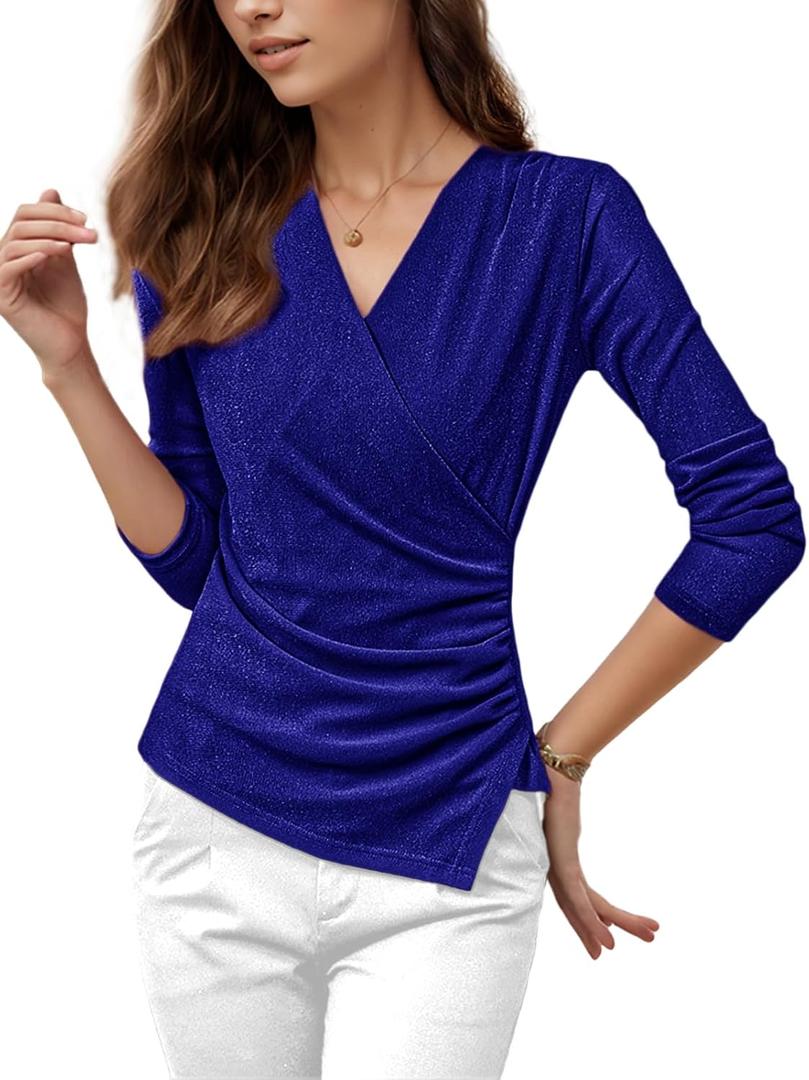 Womens Long Sleeve Sparkly Wrap Tops, Fitted V Neck Asymmetrical Hem Mesh Top Dressy Party Blouse (M)