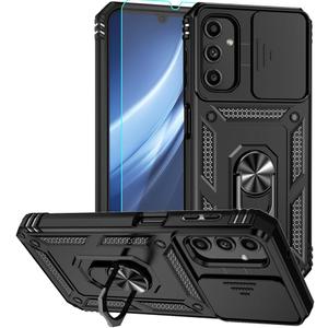 for Samsung Galaxy A25 5G Case, Soft Silicone Rubber Bumper Hard Plastic Phone Case with [Sliding Camera Lens Cover] [360 Rotatable Kickstand Ring] [HD Screen Protector] for Galaxy A25 5G Black