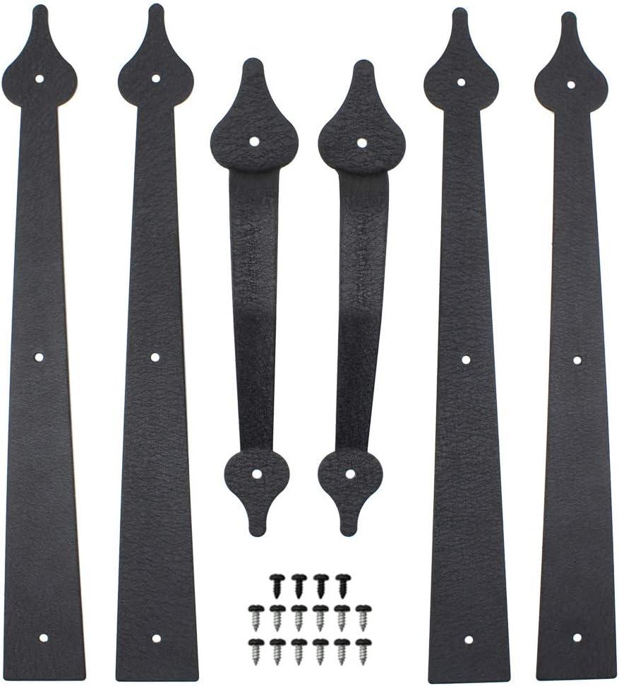 WINSOON Decorative Metal Garage Door Hardware Screw in Carriage House Accents Dummy Hinges Handles Black Steel Barn Gate Garage Decor