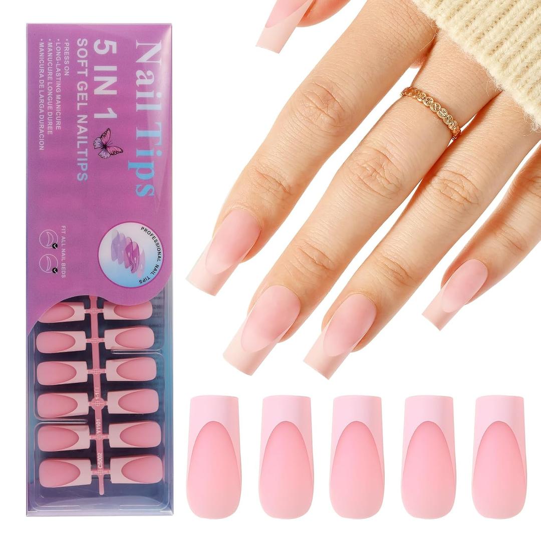 Jellyqueen French Gel Press on Fake Nail Tips, 150Pcs Medium Square Nail Tips, Multicolor Pink Soft Gel Tips Press on Nails Fake Nails for Nail Art DIY 15 Sizes (A18-02-07)