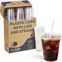 100 Pack 16 oz Clear Plastic Cups with Lids and Straws, Organized Dispenser Box, Heavy Duty Disposable Iced Coffee Cups, Crystal Clear Smoothie To Go Cups, PET, BPA Free