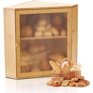 VEVOR Corner Bread Box for Kitchen Counter, Double Layer Large Capacity Bamboo Bread Storage Container, Farmhouse Wooden Breadbox for Homemade Bread, Storage Holder Bin with Acrylic Wavy Door, Natural