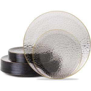 Hioasis 60pcs Black Plastic Plates - Gold Rimmed Disposable, Hammered, Heavy-duty Dinnerware Set Suitable for 30 Guests, 10.25" Dinner & 7.5" Dessert Plates for Party & Wedding