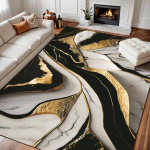 8x10 Area Rugs for Bedroom Black and White Gold Liquid 3D Abstract Marbled Golden Inlay Veins Lines Washable Rug for Living Room Carpet for Dining Room Soft Rubber Backed Non-Slip Carpet