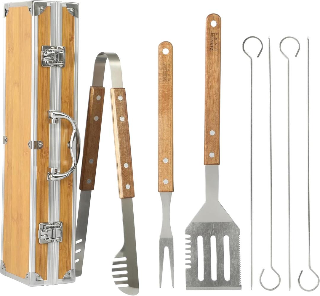 Gibson Home Barbeque Pro 8-Piece BBQ Tool Set with Acacia Wood Handles and Aluminum Storage Case Grill Accessories Kit