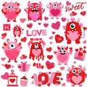 Cholemy 68 Pcs Valentine's Day Window Gel Clings Monster Thick Gel Clings Removable Reusable Pink Valentines Day Heart Monster Window Stickers for Glass Home Classroom Wedding Valentine Party Decor