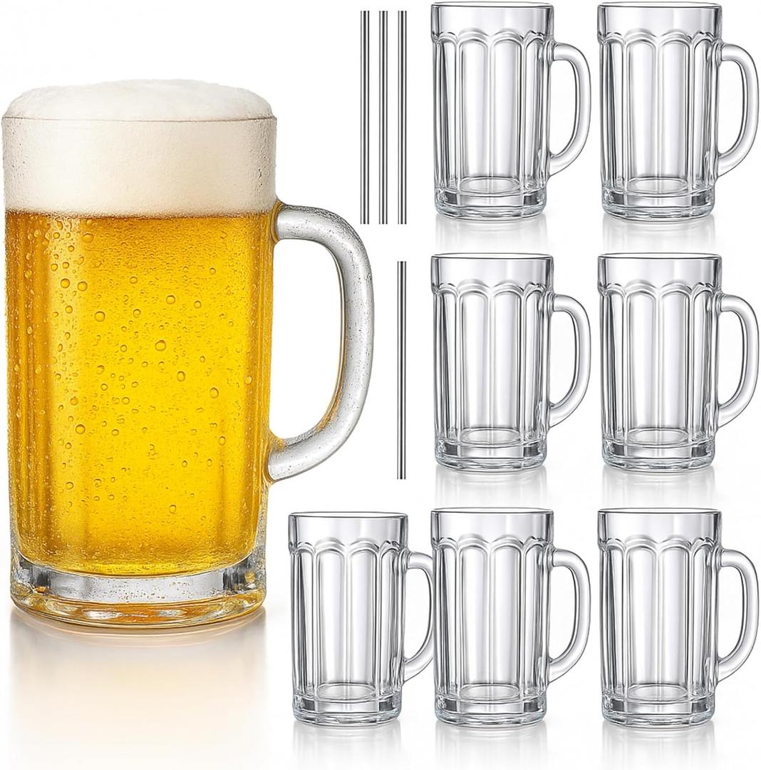 ZENFUN 8 Pack Glass Beer Mugs, 14 Oz Heavy Wine Glasses with Handle & Stainless Steel Straws, Large Beer Glass Steins Pub Drinking Mugs for Juice, Iced Tea