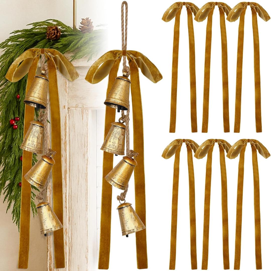 Suncalla 2 Pcs Christmas Cow Bells with 8 Pcs Khaki Velvet Christmas Bows Vintage Gold Bell Decorations with Hanging Rope Velvet Ribbon for Xmas Tree Wall Home Wreath Garland Staircase Indoor Outdoor