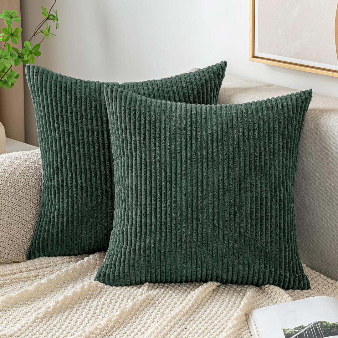 EMEMA Throw Pillow Covers Corduroy Decorative Soft Striped Square Cushion Covers Spring Pillowcases for Couch Sofa Bedroom Chair Car 18x18 Inch Pack of 2, Dark Green
