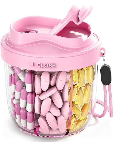 Cute Pill Organizer,Pill Dispenser with 7 Large Compartments,Portable Pill Bottle Box with Wide Opening for Easy Use, Anti-Mix Pills Organizer for Travel,Includes 20 Pcs Sticky Labels（Pink）