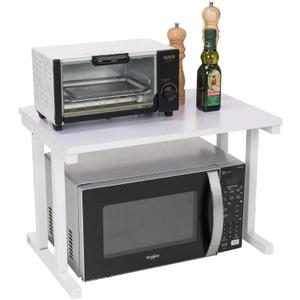 Wooden Microwave Oven Rack, 2-Tier Kitchen Counter Shelf, Kitchen Space Saving Organizer, Two Layers Counter Top Organizer for Printers on Desk, Microwave Shelf Stand - White