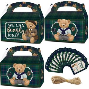 READIGO 12PCS Vintage We Can Bearly Wait Party Boxes, Green Plaid Teddy Bear Gift Treat Boxes for Birthday, Baby Shower, Gender Reveal Party Decoration