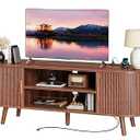 PRAISUN 54 Inch Fluted TV Stand for TVs up to 55 Inch, TV Media Console with Power Outlets and USB-C Port, Entertainment Center with Storage, Curved Sliding Doors, Adjustable Shelf, Brown