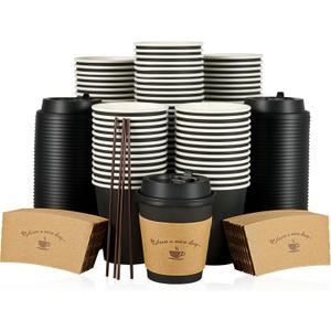 LITOPAK 100 Pack 10 oz Paper Coffee Cups for Hot Chocolate Drinks, Black Disposable Coffee Cups with Lids, Sleeves and Stirring Sticks for Parties, Picnic, Travel, and Events