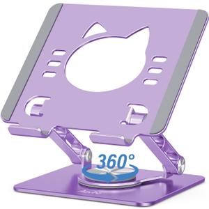 Tablet Stand 360 Rotating Aluminum Holder - Adjustable, Portable & Foldable Monitors Stand for iPads, Compatible with 4-13.3" Tablets, Purple