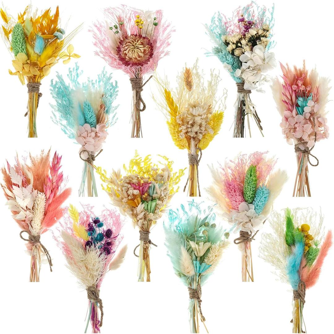 Layhit 12 Pack Boho Dried Flower Bouquet Mini Wedding Handmade Dry Flowers Decor for Vase Crafts DIY Photo Boutonniere for Men Floral Plant for Bridesmaid Gift Birthday Decor(Lively)