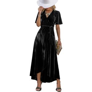 BerryGo Women's Velvet V Neck Wrap Semi Formal Dress Cocktail Party Maxi Dress for Wedding Guest (12, Z-velvet Black)