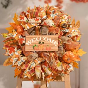 Waipfaru Fall Wreaths for Front Door, Fall Mesh Wreath with Wooden Sign Fishnet Yarn Autumn Pumbkin, Thanksgiving Halloween Decorations for Home, Porch Decor(18-20 Inch)