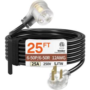 25FT 25 Amp 12 Gauge 3 Prong Welder Extension Cord, NEMA 6-50P to NEMA 6-50R, Heavy Duty 250V Welding Extension Cable with LED Indicatorfor Lincoln, Plasma, Miller, SJTW, ETL Listed