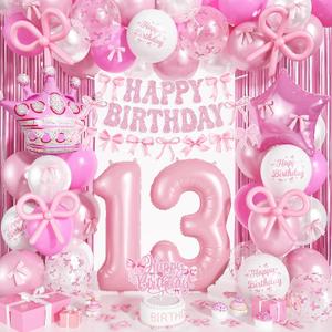 13th Pink Bow Birthday Decorations for Girls, Coquette Party Decor Include 40 Inch Foil Number 13 Crown Star Balloon Long Latex Balloon Pale Pink Bows Cake Topper Happy Birthday Banner Fringe Curtain