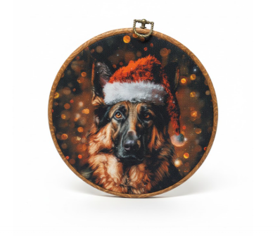 IDUXIY Vintage Christmas Dog Wall Art Decor, Retro German Shepherd Santa Hat Canvas Print Round Wall Hanging Decor, Framed, 10x10 Inch.(137)