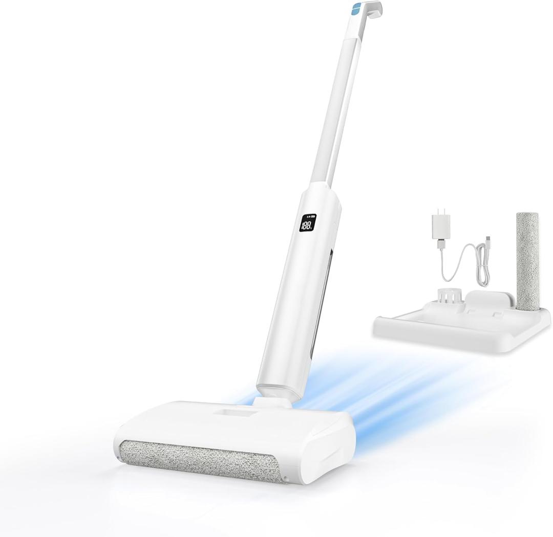 Cordless Wet Dry Vacuum Cleaner,Handheld Smart Vacuum Mop with Self-Cleaning for Hard Floor Low Carpet Pet Hair,Led Display, 60min Runtime,Dual Water&Dirt Tanks (White)