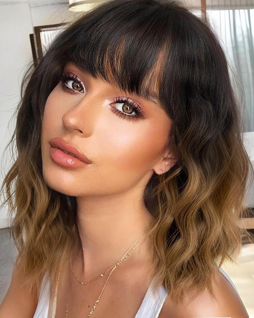 Short Bob Wig with Bangs Curly Wavy Wigs Shoulder Length Wigs for Women Girls Heat Resistant Synthetic Wig Halloween Cosplay Costume Black Ombre Brown