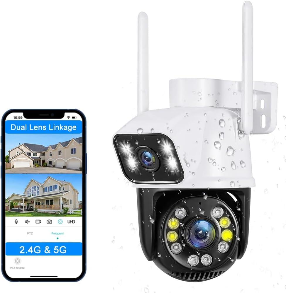 PTZ 2.4G/5G WiFi Outdoor security wireless 2X3MP Dual Lens Linkage Human Detect Pan tilt Digital zoom Auto Tracking Home Surveillance Camera 2-way audio color night vision ICsee &3M cable to yr outlet