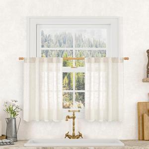 LAMIT Semi Sheer Cream Linen Curtains 36 Inch Length 2 Panels, Light Filtering Panels Back Tab and Rod Pocket Neutral Drapes for Bathroom/Kitchen/Loft Room, 34 x 36 Inch