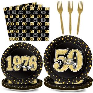 200Pcs 50th Birthday Party Decorations Vintage 1976 Paper Plates and Napkins Black Gold 50 Year Old Disposable Tableware Set for Men Women 50th Birthday Anniversary Party Favors Supplies Serves 50