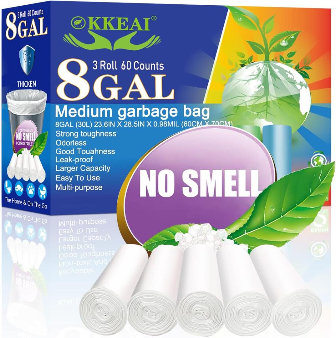OKKEAI 8 Gallon Trash Bags 30L Garbage Bags Medium White Kitchen Trash Bags Wastebasket Liners for Bathroom,Home Office, Lawn,60 Count,Clear (Fits 7-10 Gallon Bins)