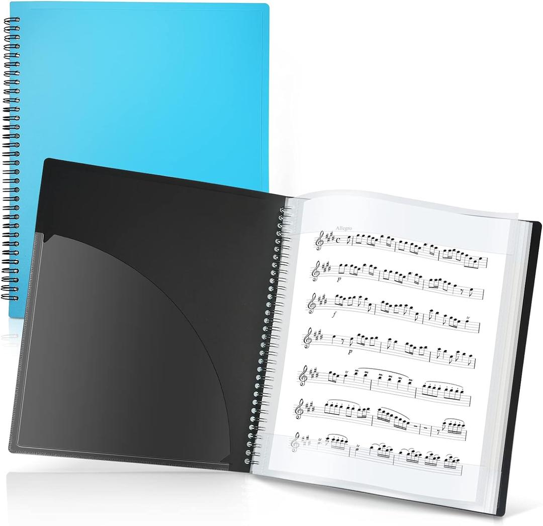 CRANBURY Sheet Music Folder 8.5x11 - Dual Use Music Holder (Blue), Store Pages Inside 24 Protective Sleeves or Annotate Exposed Pages, Music Binder with Spiral Binding Stays Opens and Lays Flat